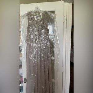 Long Bridesmaid Dress 
with Lace Bodice
Color: Biscotti size 12